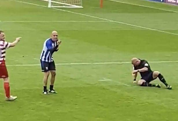 Paolo Di Canio and the referee had a joke on the field in the Eve's Trust charity game between Sheffield Wednesday and Doncaster Rovers.