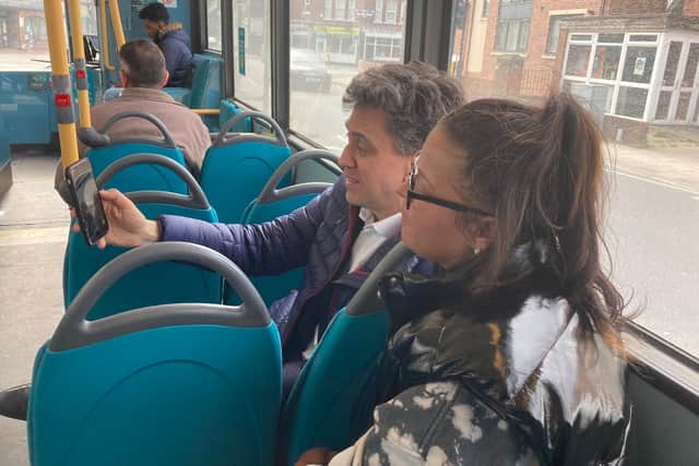 Ed Miliband on board a bus from Campsall heading into Doncaster town centre. The Doncaster North MP stepped onto buses in his constituency to speak to passengers about the state of the services. Credit: George Torr/LDRS