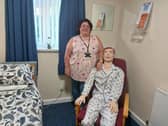 Jo Booker from City of Doncaster Council with ‘Sam’ the new medical manikin in Aspire to Be’s mock social care room.