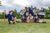 Robert Clubbe, Mark Fraser and Dunsville pupils with story props