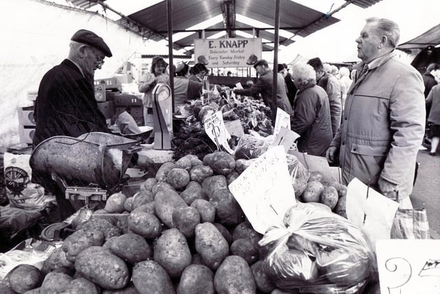Fruit and veg for sale at Doncaster market in November 1989