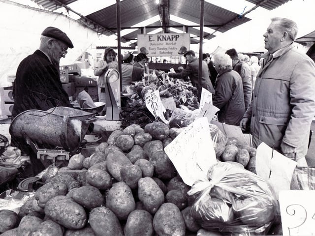 Fruit and veg for sale at Doncaster market in November 1989