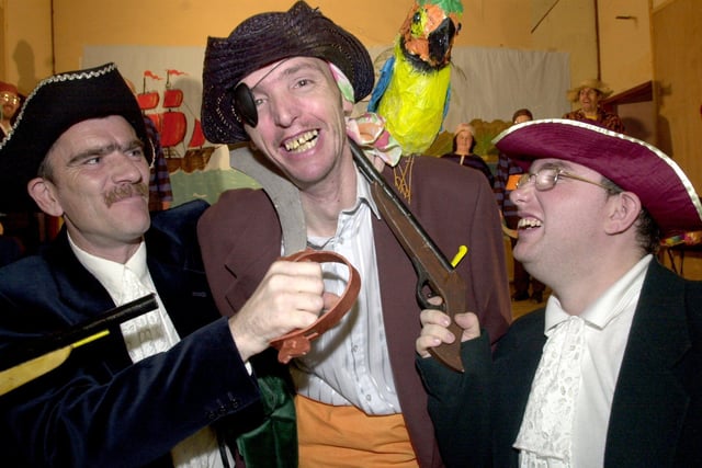 St. Wilfred's Day Centre members in their production of 'Treasure Island'for Children in Need in 2001 at the Mother of God Parish Centre, Sheffield. l/r: Kevin Crompton, Peter Sills, Martin McGuonoe.