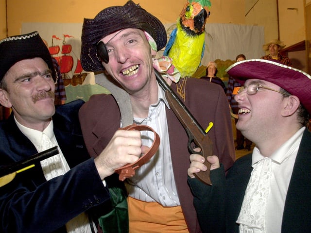 St. Wilfred's Day Centre members in their production of 'Treasure Island'for Children in Need in 2001 at the Mother of God Parish Centre, Sheffield. l/r: Kevin Crompton, Peter Sills, Martin McGuonoe.