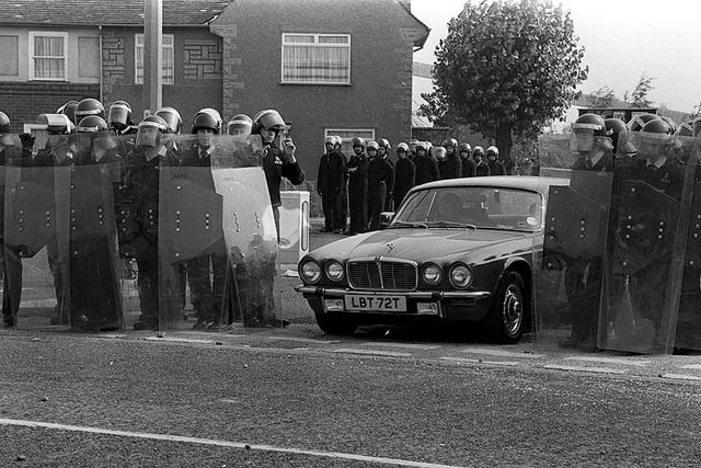 Police in riot gear pictured outside the Markham Main Colliery, Armthorpe, Doncaster, in August 1984