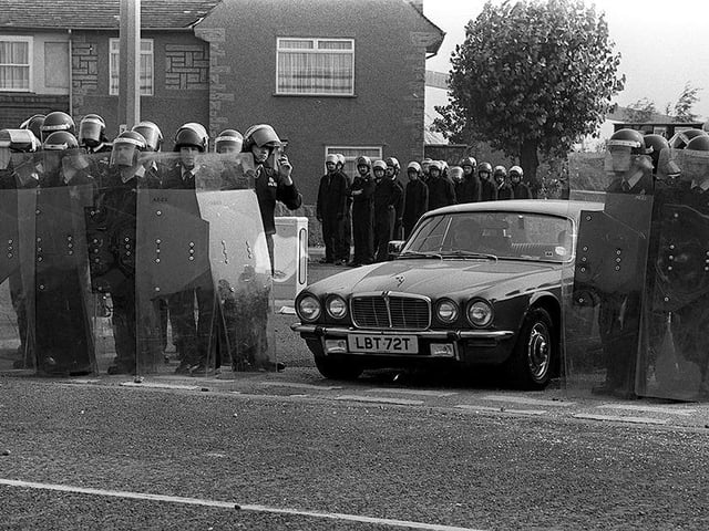 Police in riot gear pictured outside the Markham Main Colliery, Armthorpe, Doncaster, in August 1984