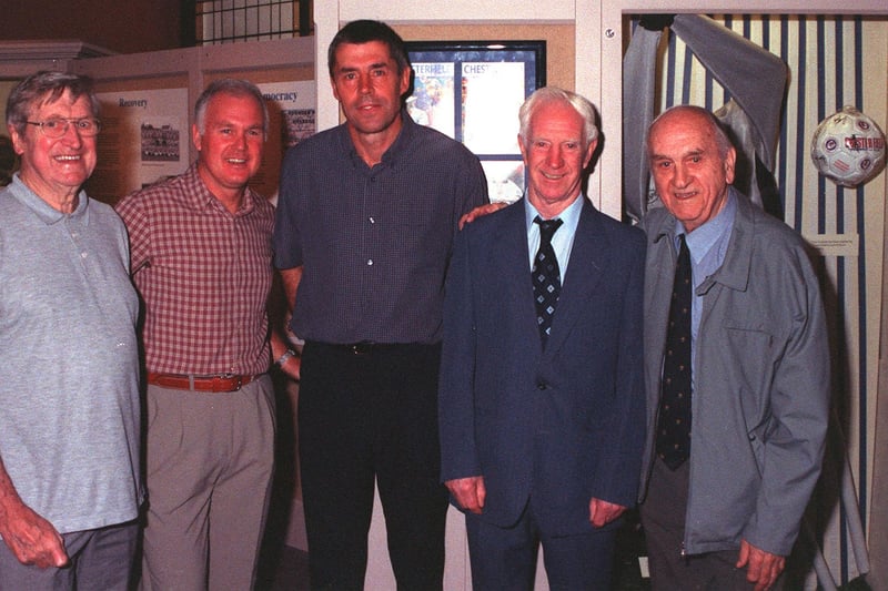 At the launch of the Spireites exhibition at the Chesterfield Museum were old players Joe Spence, Sean O'Neil, ernie Moss, Stan Milburn & Stan Marchant pictured in 2002