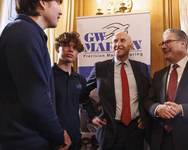 John Healey MP with the Prime Minister, Keir Starmer, meeting defence sector apprentices at Downing Street.