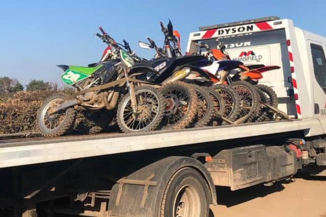 Some of the motorbikes seized by South Yorkshire Police in Hatfield