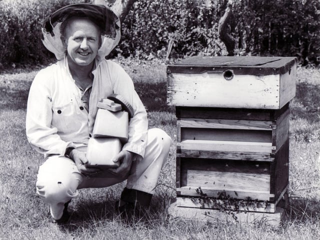 Philip Cunningham of Brompton Road, Sprotbrough, with some of the beeswax he and other Doncaster beekeepers have donated to York Minster, July 1984