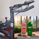 The Aldi exercise bike and (inset) Greyson's non-alcoholic gin.