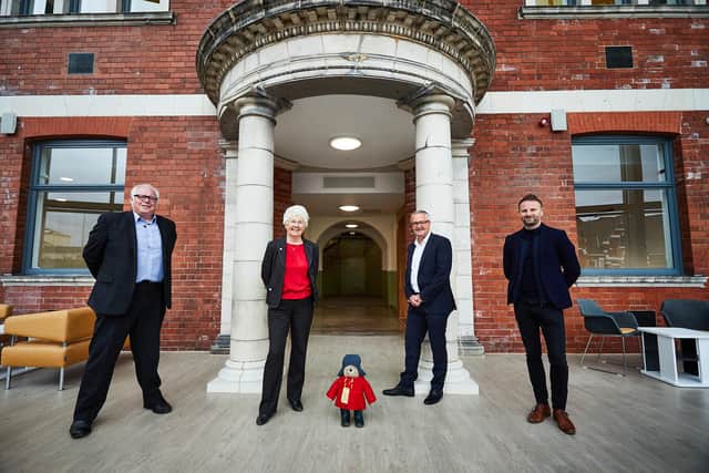 Cllr Nigel Ball, Mayor Ros Jones, Paddington, Anthony Dillon and Matt Hutton at Danum Gallery, Library and Museum.jpg
