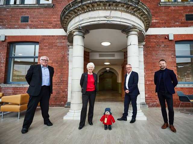 Cllr Nigel Ball, Mayor Ros Jones, Paddington, Anthony Dillon and Matt Hutton at Danum Gallery, Library and Museum.jpg