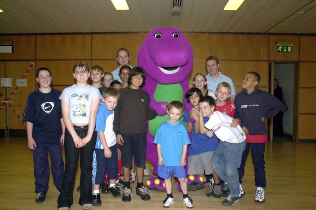 Children met Barney the Dinosaur at Ponds Forge Skyline Suite where Barney was working out with kids prior to his show at the Hallam FM Arena in 2004