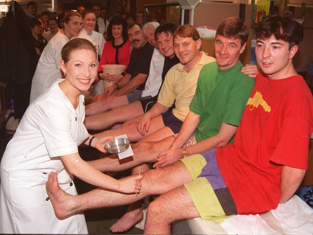 Alan Brown, Ted Kirkman, Mike Coulthard, Shaun Hindley, Paul Taylor and Mark Jackson all from Midland Bank had their legs waxed for Children in Need by Julie Simpson,Sally Anne Stain and Jelena Gojkovic in 1997