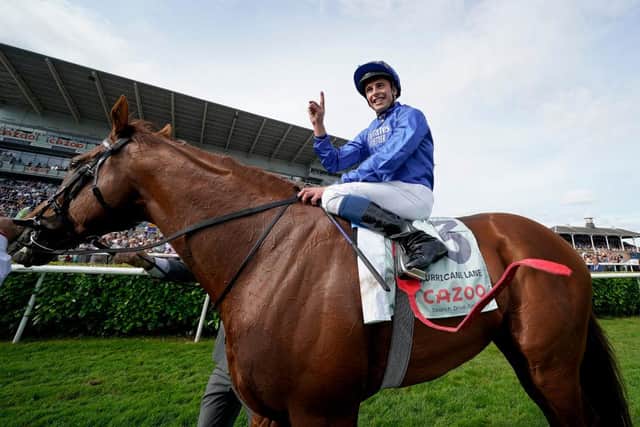 William Buick aboard St Leger winner Hurricane Lane. Photo by Alan Crowhurst/Getty Images