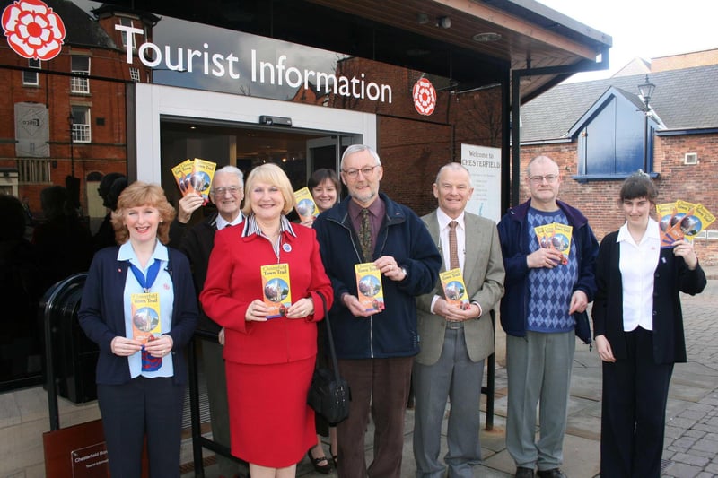 Picture shows the town trail launch with Cllr Russell and Carol Brindle (front) with, left to right: Tourist Information Centre assistant Cath Walker, Maurice Tither (Civic Society committee member), Anne-Marie Knowles (Chesterfield Museum Curator), Tom Roberts (Civic Society committee member), Philip Hinchliffe (Civic Society Chairman) and Alyson Barnes (TIC Tourism Services officer) pictured in 2008