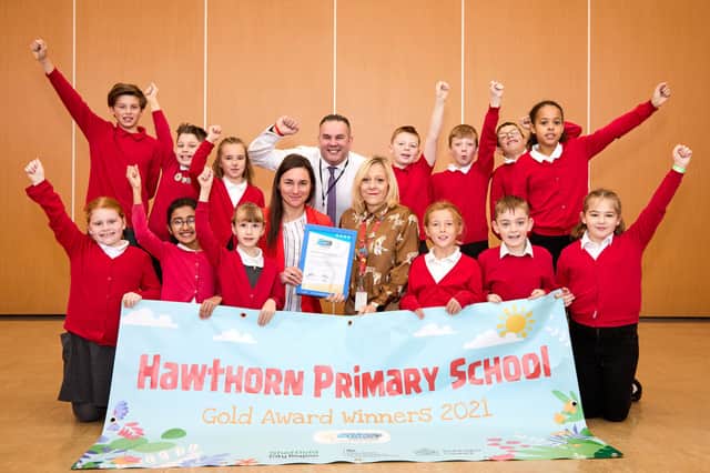 Dame Sarah Storey presents pupils and staff at Hawthorn Primary School with their Gold Level Modeshift STARS Accreditation. Picture: Shaun Flannery