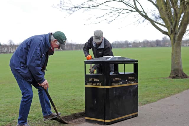 Alastair Lang and Dave Bentley, pictured marking out the path edges. Picture: NDFP-23-03-21-FriendsTownFields 2-NMSY
