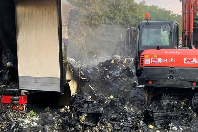 A lorry carrying vegetables caught fire on the A1M near Doncaster overnight