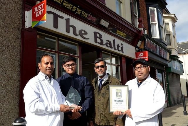 The Balti won the 2017 Hartlepool Mail Curry House of the year award. Pictured receiving the trophy were staff and owners (left to right) Ashraf Khan (joint owner), Nayeem Khan (waiter), Syed Sadur Rahman (head waiter) and Afzal Khan (joint owner).  Picture by FRANK REID