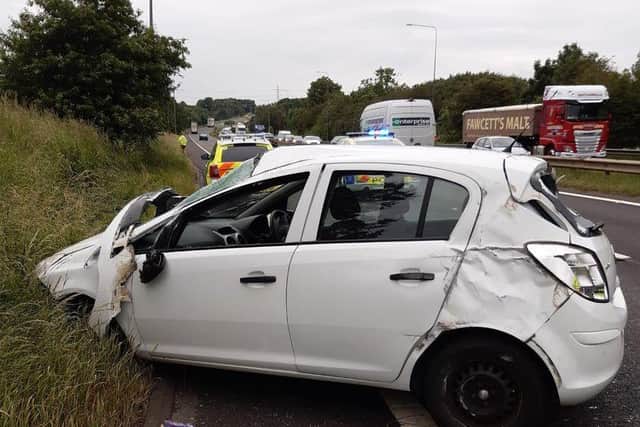 There was a lucky escape for the driver of this Vauxhall Corsa on the A1