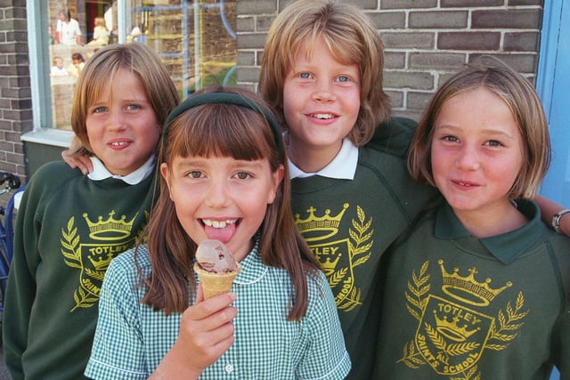 IHelen Jones, eight, a  Totley All Saints pupil designed a new flavour ice cream for Bradwells.Pictured in 1999 with friends LtoR Katie Liversidge, nine, Rosanna Biggs, nine, and Katie Sockett, nine.