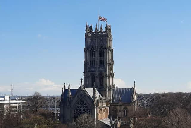 The union flag flies at half mast at Doncaster Minster.