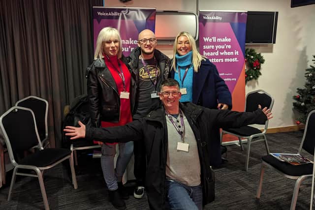 Advocates Jane Byron, Josh McJannett, Julie Scrivens and Paul Robinson (front) from VoiceAbility’s Doncaster team at the Safeguarding For You event at the Eco-Power Stadium.