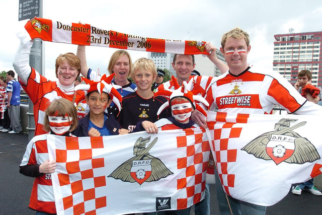 Rovers fans outside Wembley Stadium. Back (l-r) Angela Farrar, Debbie Armstrong, Josh Sullivan, 11, Ian Sullivan and Stuart Farrar. Front (l-r) Katie Farrar, eight, Tyler Armstrong, 11 and Jack Farrar, 11, all of Rossington.