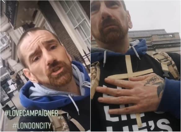 Doncaster man Phillip Hartley, who also uses the name Phillip L'Estrange and calls himself the #lovecampaigner, filmed himself at an anti-lockdown demonstration in London.