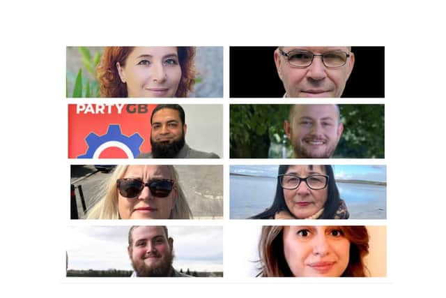 Bentley by-electon candidates, top row, from left: Venessa Aradia (Green Party), Andy Hiles (TUSC), second row from left Ahsan Jamil (Workers Party), Matthew Jones (Labour), third row, from left Christine Lunney (Conservative), Jane Nightingale (Independent), fourth row from left, Isaiah-John Reasbeck (Reform UK), Giulia Savini (Liberal Democrats).