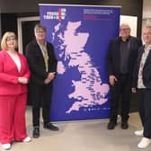 Annabel Turpin, left, and Gavin Barlow, right, co-directors of Futures Arts Centres and Darren Henley CEO of Arts Council England, second right, pose for a picture with Poet Laureate, Simon Armitage, after his first reading of his original poem, ‘Freedom Road’, at the ‘Our Freedom: Then and Now’ launch event, led by Future Arts Centres, at Contact Theatre in Manchester.