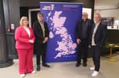 Annabel Turpin, left, and Gavin Barlow, right, co-directors of Futures Arts Centres and Darren Henley CEO of Arts Council England, second right, pose for a picture with Poet Laureate, Simon Armitage, after his first reading of his original poem, ‘Freedom Road’, at the ‘Our Freedom: Then and Now’ launch event, led by Future Arts Centres, at Contact Theatre in Manchester.