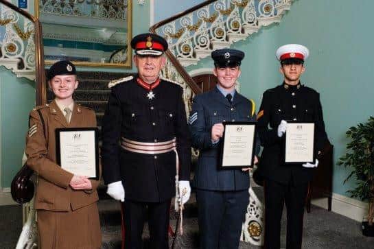 Pictured above are, from left to right, Niamh Hyatt, Spencer Cavell and Salahudeen Hussain with Her Majesty’s Lord-Lieutenant of South Yorkshire, Mr Andrew Coombe.