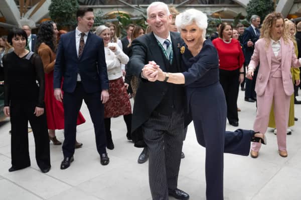 Doncaste MP Lee Pitcher, pictured to the left of Commons speaker Sir Lindsay Hoyle and TV host Angela Rippon in this picture, was criticised for dancing as the Middle East crisis escalates.