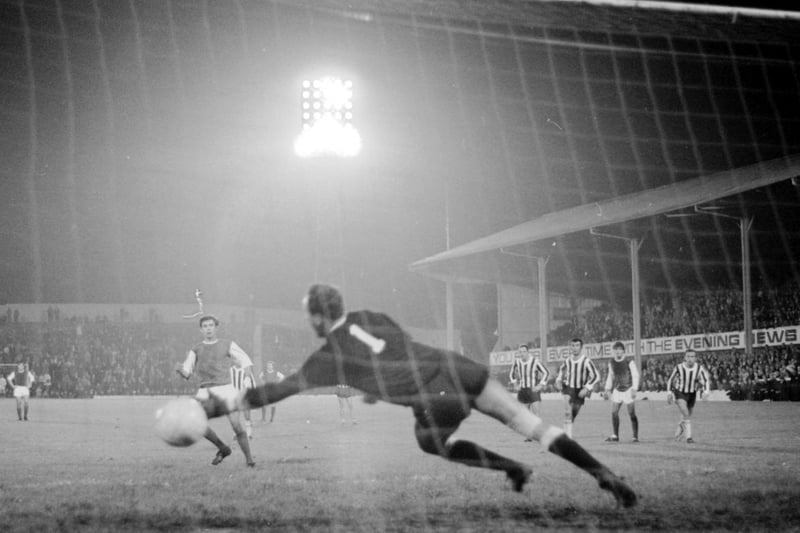 Joe Davis nets a penalty in the 2-1 home win against Olimpija Ljubljana in 1968. Hibs won 5-1 on aggregate and drew Lokomotive Leipzig in the second round