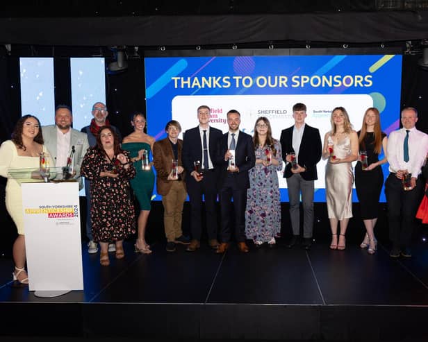 All of the winners on stage at the South Yorkshire Apprenticeship Awards 2024. Photo: Alex Roebuck