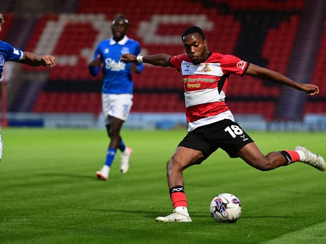 Deji Sotona in action for Doncaster Rovers against Everton Under-21s in the EFL Trophy.