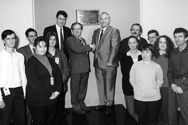 A commemorative plaque was unveiled at Mexborough Business Centre in 1993 by Lord Edmonton watched by staff and trainees. L/r Michael Meadows, Darren Howarth, Tammy Rawson, Lisa Herbert, Andrew Eshelby, Cllr Gordon Gallimore, Lord Edmonton, Rachael Clarke, Michael Taylor, Jane Ogden, Henry Taylor, Joanna Bailey and Kevan Randerson.