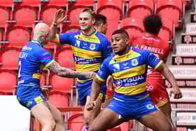 Dons' Alex Sutcliffe celebrates his try. Picture: Howard Roe/AHPIX.com