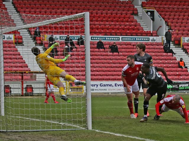 Fejiri Okenabirhie scores his, and Rovers', second goal at Swindon Town. Picture: Gareth Williams/AHPIX