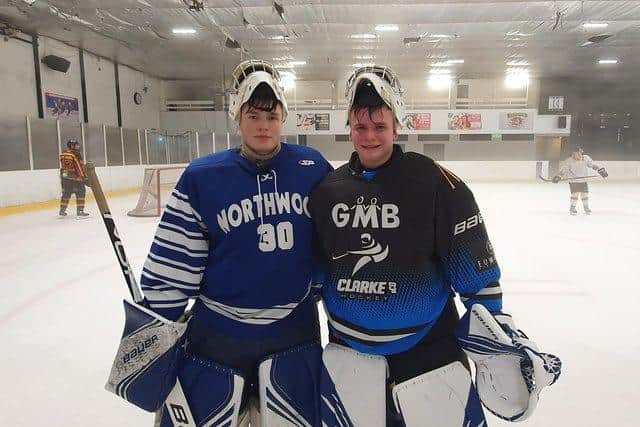 Ben Norton, left, with younger brother Dan, at a Bradfod Bulldogs practice session last year. Both are now studying and playing hockey at Northwood School in Lake Placid.