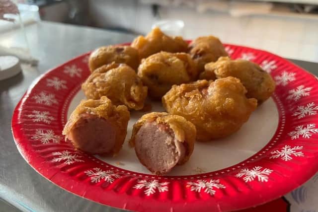Deep fried and battered Pigs in Blankets.
