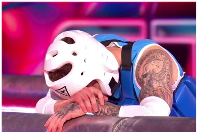 A distraught Finley battled back from a knee injury to win on TV's Gladiators. (Photo: BBC).