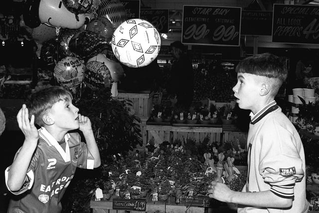 Doncaster Rovers junior player Michael Evans (left), aged ten, and his brother Gary Evans, aged 14, of Scawthorpe, put on a soccer skills demonstration at the Asda store, Bawtry Road... 1996