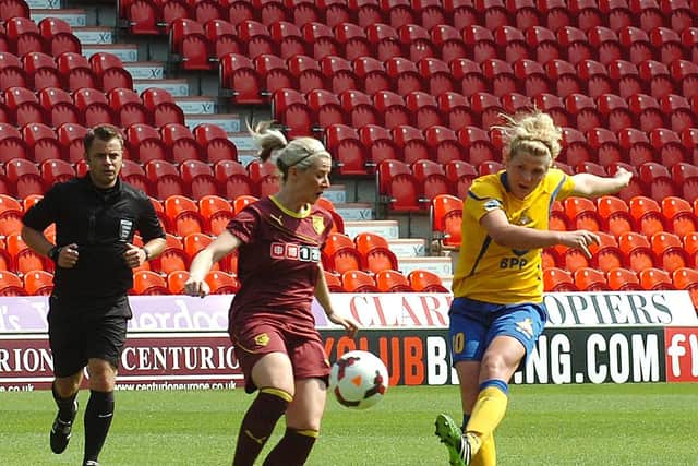 Millie Bright has a shot at goal against Watford Ladies.  Picture: Malcolm Billingham
