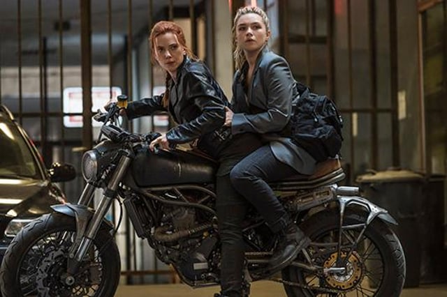 Scarlett Johansson as Black Widow/Natasha Romanoff and Florence Pugh as Yelena in Marvel Studios' BLACK WIDOW.
