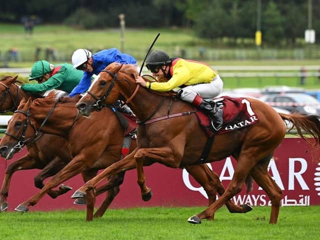 Jockey Rene Piechulek and Torquator Tasso win the Prix de l’Arc de Triomphe in Paris. Picture: CHRISTOPHE ARCHAMBAULT/AFP via Getty Images