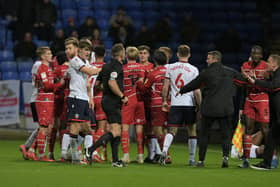 Richie Wellens implores referee Stephen Martin not to send off Joseph Olowu at Bolton Wanderers. Picture: Howard Roe/AHPIX